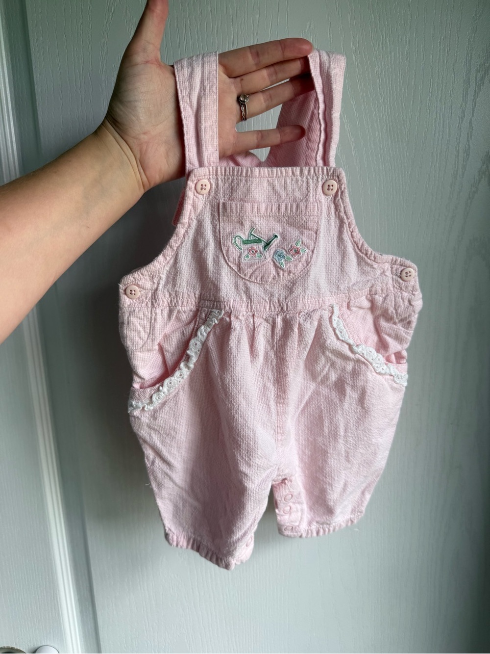 Vintage Pink Baby gingham Overalls with Embroidery and lace trim